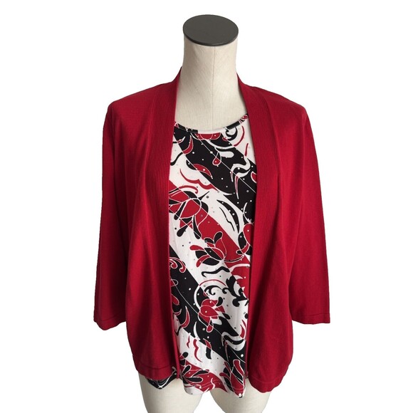 Alfred Dunner Red & Black Floral Rhinestones 2 pc connected top & cardigan M - Picture 1 of 12